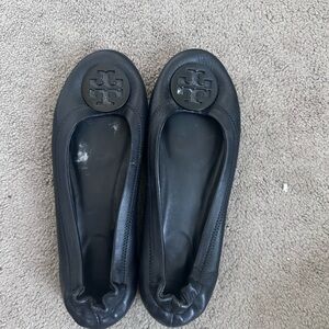 Tory Burch Black Leather Logo Ballet Flats